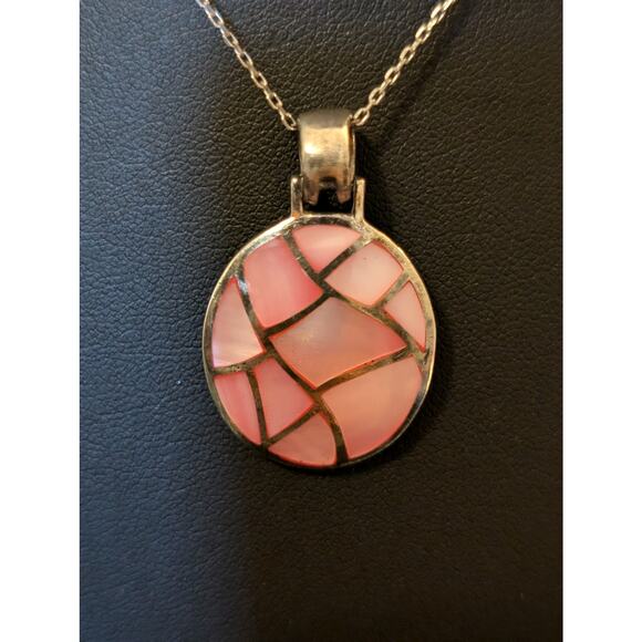 Pink Inlay Mother of Pearl Sterling Silver Necklace Signed M - Picture 2 of 9